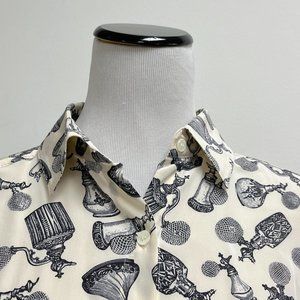 Two + Two black white silk perfume bottle atomizer print long sleeve shirt M